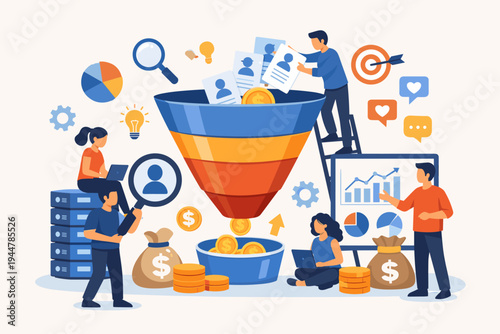 Marketing team using a sales funnel to monetize customer data and generate revenue. Flat vector illustration of business professionals analyzing leads, charts, and social media for growth.