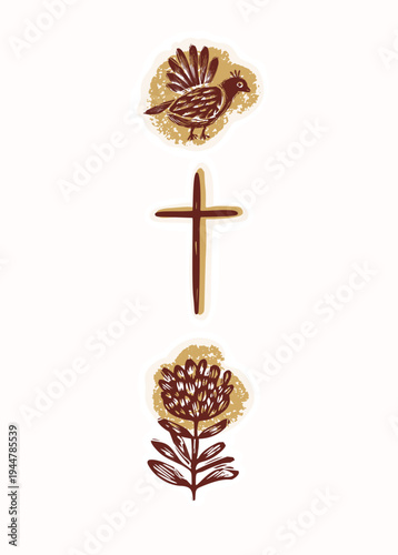 Hand drawn religious christian floral cross and holy spirit greetings card. Isolated flat vector motif for printable sentiment, postcard and church bulleting for easter holy week. Faith and peace