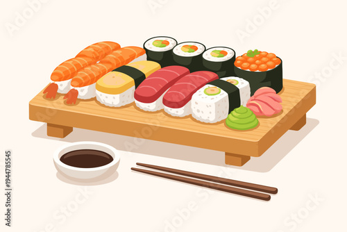 Japanese Cuisine Sushi Set Illustration with Nigiri, Maki Rolls, Tuna, Shrimp, Tamago, Salmon Roe, Wasabi, Ginger, Soy Sauce, and Chopsticks on a Wooden Tray over a Neutral Background.