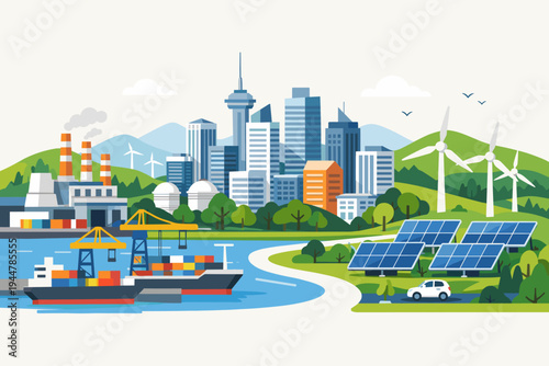 Flat Vector Illustration of a Sustainable Modern City with Skyscrapers, Industrial Factory, Cargo Shipyard, Wind Turbines, Solar Panels, and Electric Car for Green Energy and Urban Development.