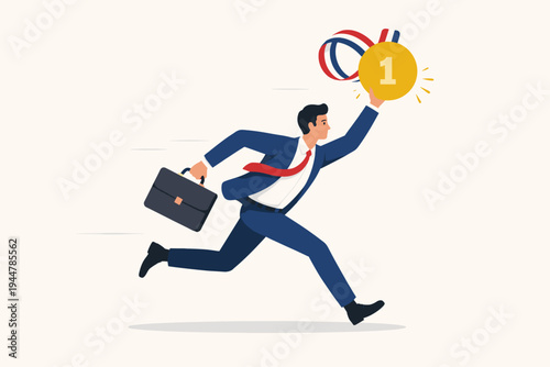 Flat vector illustration of a motivated businessman running towards success, holding a briefcase and a first-place gold medal, symbolizing professional achievement, competition, and leadership.