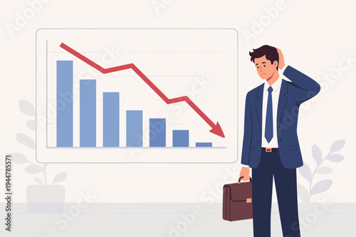Sad businessman in a suit holding a briefcase looking at a falling financial graph with a red arrow, representing business failure, economic crisis, market recession, and financial loss.