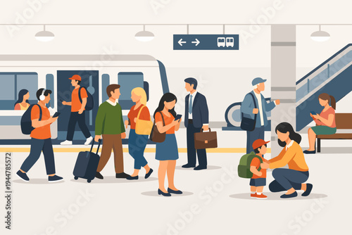 Flat Vector Illustration of a Busy Subway Train Station Platform with Diverse People Commuting, Traveling, Waiting for a Train, Using Smartphones, and Carrying Luggage in an Urban City Environment.