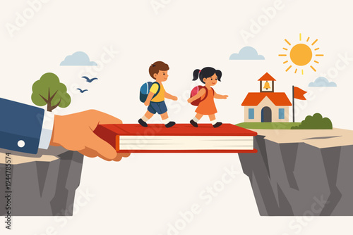 Teacher Hand Holding a Book Bridging the Gap in Primary Education for Children Concept Vector Illustration of Students Walking Across a Book Bridge to School for Learning and Success Opportunity