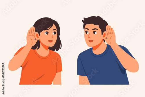 Flat Vector Illustration of a Young Woman and Man Holding Hands Near Their Ears to Listen Carefully, Eavesdropping, Paying Attention, Hearing Secret Information, or Listening to a Distant Sound.