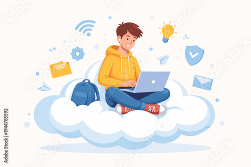 Teenager sitting on a cloud using a laptop for online education and remote work. Vector illustration with symbols for WiFi, ideas, security, and communication. Modern flat design for technology.