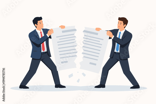 Two professional businessmen in suits tearing a large paper contract document in half, symbolizing a broken agreement, partnership termination, business dispute, or legal deal cancellation.