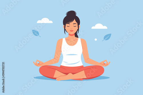 Peaceful young woman meditating in lotus pose, simple flat vector illustration on blue background with clouds and leaves. Mindfulness, yoga, and wellness concept for mental health and calm.