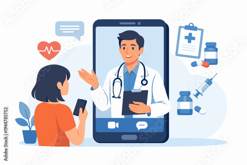 Online Doctor Consultation via Mobile App Concept Illustration with a Male Physician Giving Medical Advice to a Female Patient through a Smartphone Video Call for Telemedicine and Digital Health