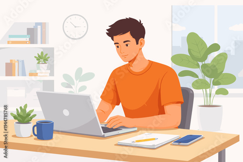 Young Man Working Focused on Laptop Computer in Modern Home Office or Workspace, Flat Vector Illustration of Freelancer or Student Studying with Coffee, Plants, and Bookshelf Background.
