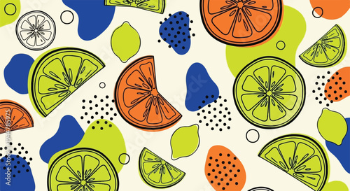 hand-drawn outlines of lemon, lime, and orange slices layered over abstract organic shapes and playful polka dots. The bright, high-contrast palette makes this an excellent choice for summer-themed 