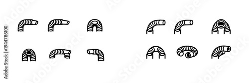Set of flexible corrugated pipe icons in various curved and bent positions for industrial or plumbing design isolated on white background