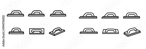 Set of concrete finishing hand float icons for masonry and plastering work shown from multiple angles on a white background