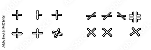 Collection of black line mathematical symbols including plus signs and cross marks in various perspectives and styles on a white background