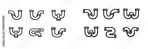 Set of plumbing pipe icons showing various trap configurations and drainage system components for bathroom and kitchen sink maintenance
