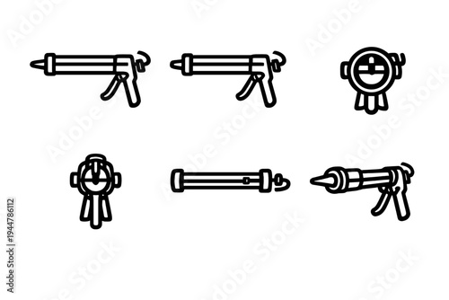 Set of black and white caulking gun icons for construction and home repair projects from various angles on white background