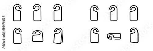 Set of door hanger line icons in various shapes and perspectives for hotel room service and privacy notifications