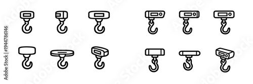 Set of industrial hanging scale and crane hook icons for logistics and construction equipment isolated on white background