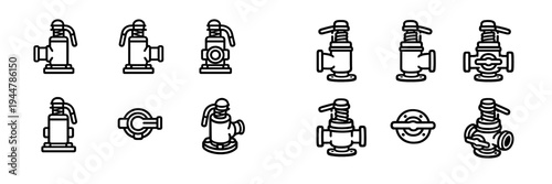 Set of industrial safety relief valve icons for pressure control systems in plumbing and engineering applications on white background