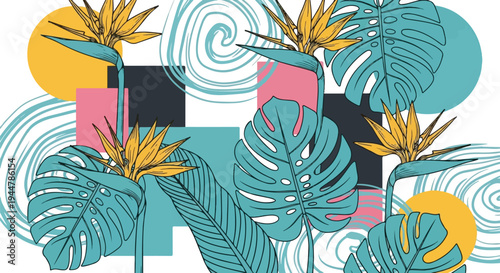 A contemporary flat-design illustration featuring Strelitzia reginae flowers and Monstera deliciosa leaves layered over vibrant geometric shapes and abstract swirls