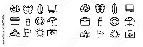 Summer holiday beach icons collection featuring surfboard sun sandcastle and travel equipment on white background