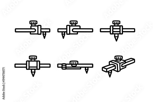 Woodworking marking gauge icon set featuring different angles and styles for carpentry and joinery design