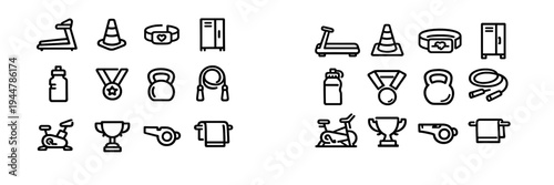Fitness and gym equipment line icon set featuring treadmill kettlebell exercise bike trophy and sports accessories on white background