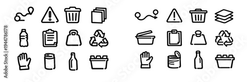 Sustainable waste management and recycling line icon set with trash bin plastic bottle glass bottle and environmental symbols