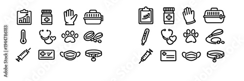Veterinary medicine and pet care line icons including stethoscope syringe medicine bottle paw print leash and pet carrier on white