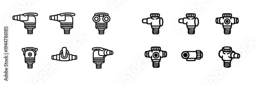 Industrial valve and nozzle line icon set for plumbing and gas systems isolated on white background
