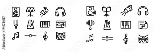 Music and audio equipment line icon set featuring headphones speaker metronome piano keys and musical notes on white background