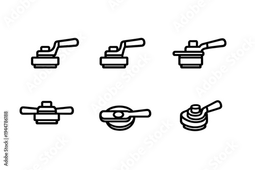 Set of industrial ball valve icons with lever handles for plumbing and gas control systems isolated on white background