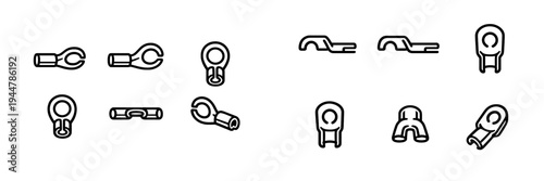 Set of electrical wire terminal connectors and ring lugs for industrial wiring and cable management systems on white background