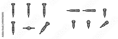 Set of precision screwdriver icons for electronics repair and watchmaking maintenance shown from multiple angles on white background