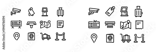 Collection of airport and travel line icons including passport suitcase security camera map and luggage cart on white background