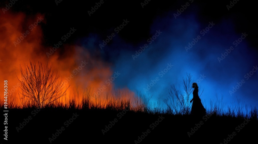 Fototapeta premium Mysterious silhouette of a woman walking amidst vibrant smoke clouds in contrasting colors of orange and blue at night