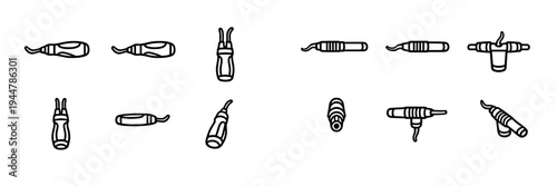 Set of deburring hand tool icons for metalworking and industrial finishing processes isolated on white background