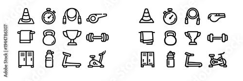 Fitness and gym equipment line icons set featuring stopwatch kettlebell dumbbell treadmill and sports accessories on white background