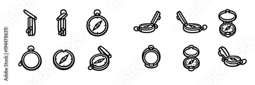 Set of black line icons depicting a pocket compass from multiple angles and perspectives for navigation and travel design