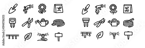 Set of gardening and horticulture line icons featuring tools like watering can trowel pruning shears and irrigation equipment on white