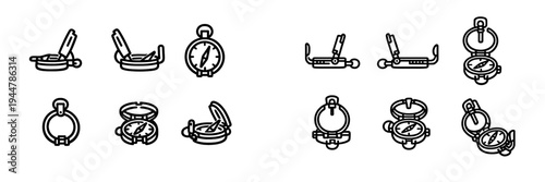 Set of black and white line icons depicting various types of magnetic compasses for navigation and outdoor exploration from multiple angles