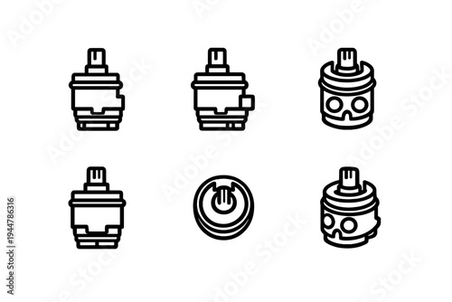 Collection of electronic cigarette atomizer and tank line icons for vaping equipment design and hardware components
