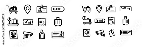 Airport and travel line icon set featuring luggage passport boarding pass security camera and suitcase symbols for tourism and