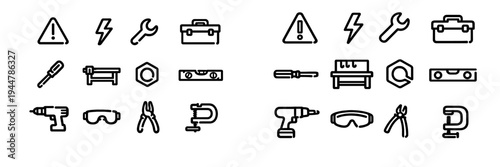 Set of construction and maintenance tool icons including wrench screwdriver drill and safety equipment for home repair projects