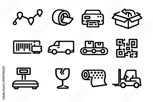 Logistics and shipping line icon set featuring delivery van forklift barcode scanner conveyor belt and packaging symbols