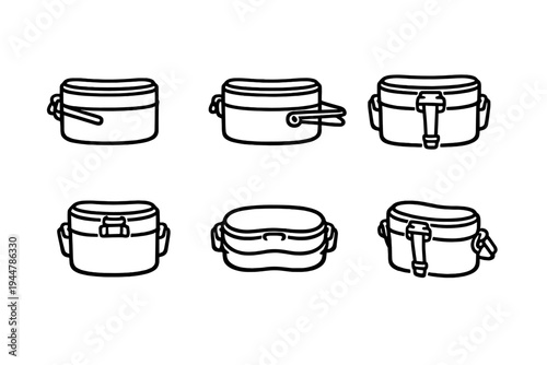 Minimalist line icons of portable camping mess kit and outdoor lunch box container for food storage and wilderness dining