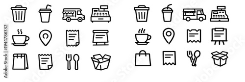 Set of food service and takeout icons including food truck cash register coffee cup receipt and paper bag for restaurant business