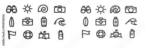 Summer beach vacation icon set with sun camera surfboard sandcastle and travel equipment line art symbols on white background