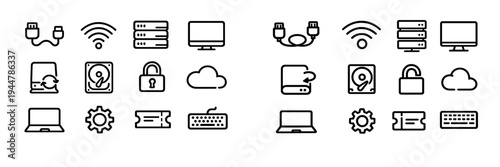 Collection of computer technology and data storage line icons including server cloud laptop and hardware components on white background