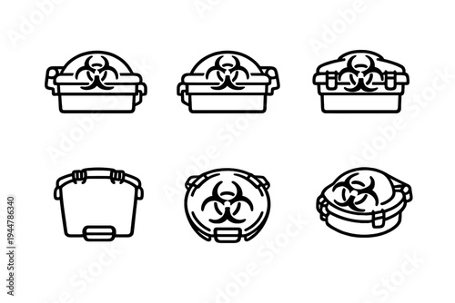 Biohazard waste container icons for medical and laboratory safety procedures showing different angles of hazardous material bins